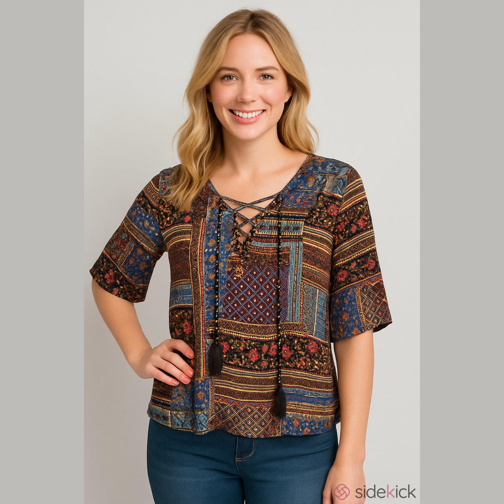 American Eagle Outfitters Multi‎ Pattern Short Sleeve Peasant Blouse Size XS - Picture 2 of 13